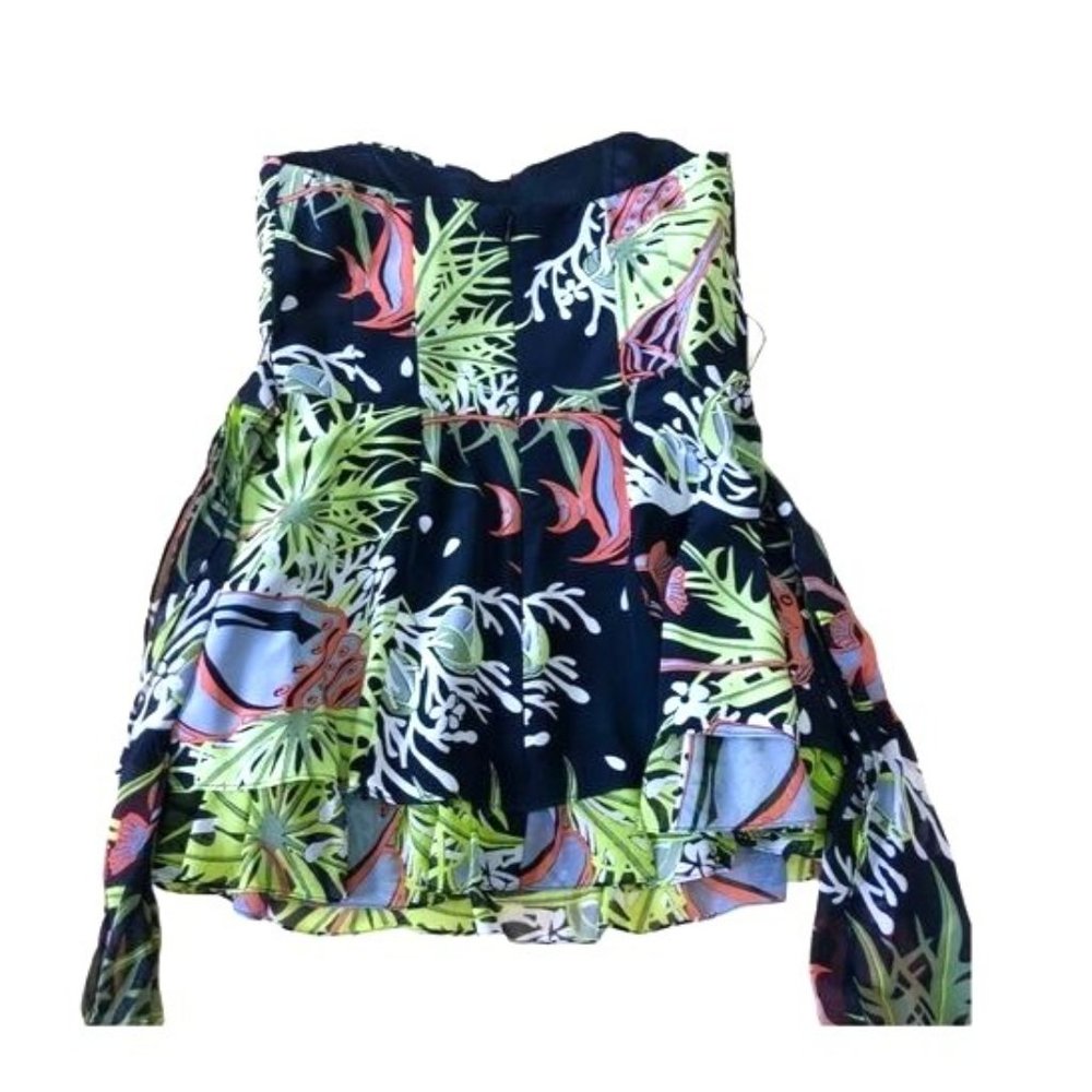 Nanette Lepore Deep Sea Fish Strapless Silk Peplum Top | Extra Small - Picture 7 of 12
